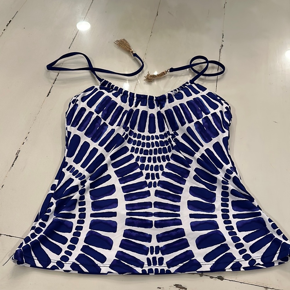 Trina Turk flared tankini top size 8 with jeweled ties.